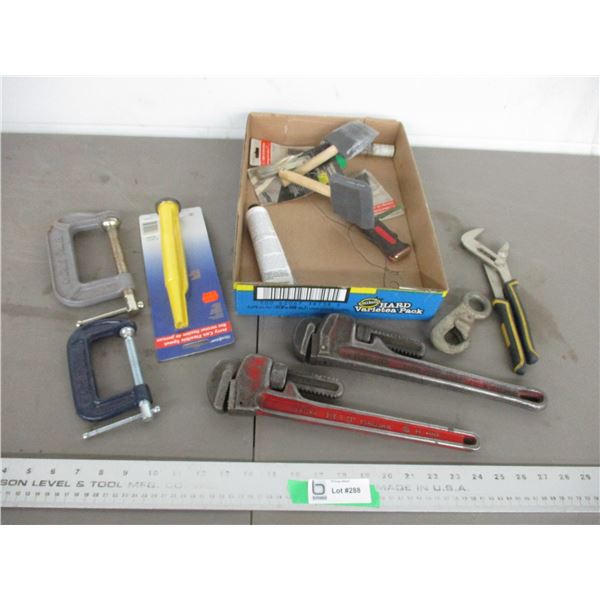 14" pipe wrenches, C clamps, pliers
