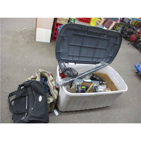 Tote with duffel bags, moving cart, garden tools, screws