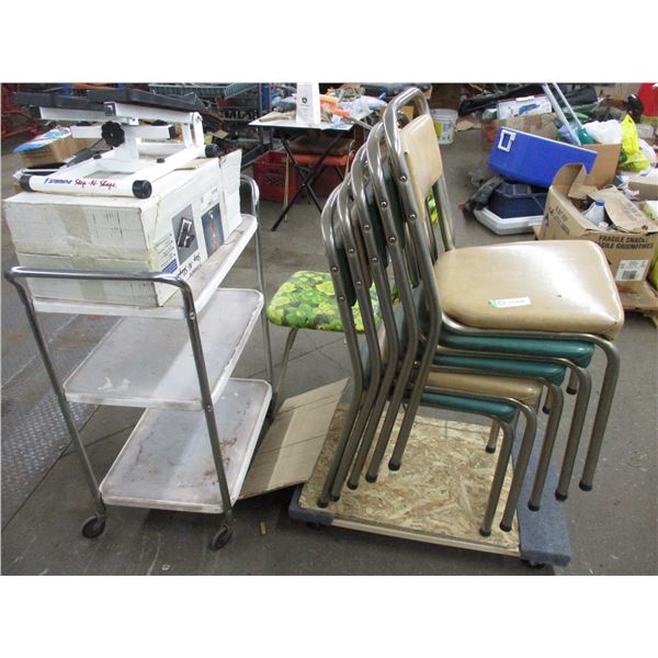 (6) Chairs with dolly, parts cart + stepper