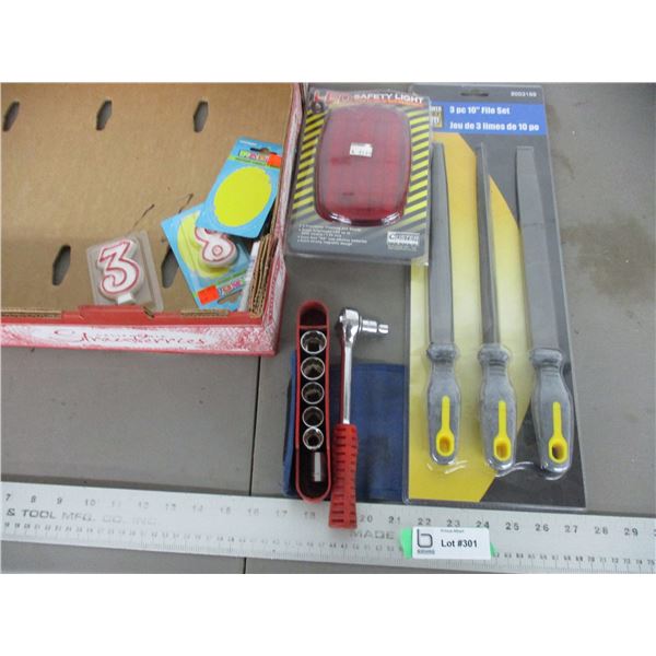 New 3 piece 10" file set, ratchet sockets, light