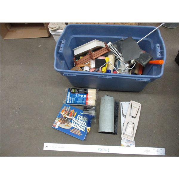 Plastic tote with painting supplies