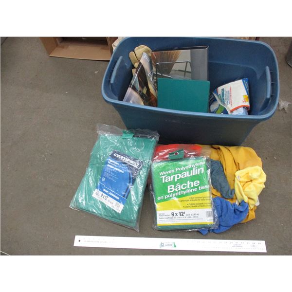 Plastic tote with new tarps, misc
