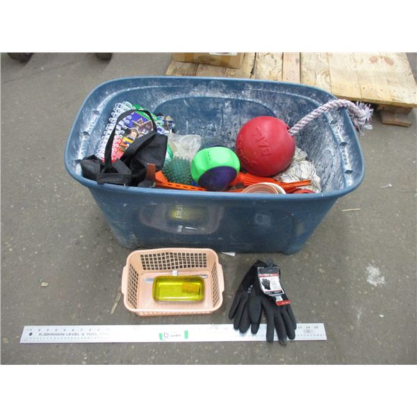 Plastic tote with gloves, bracket, household, dog toys