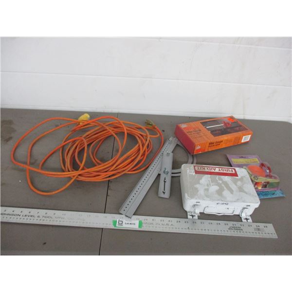 Extension cord, first aid kit, 15 ft ratchet tie down