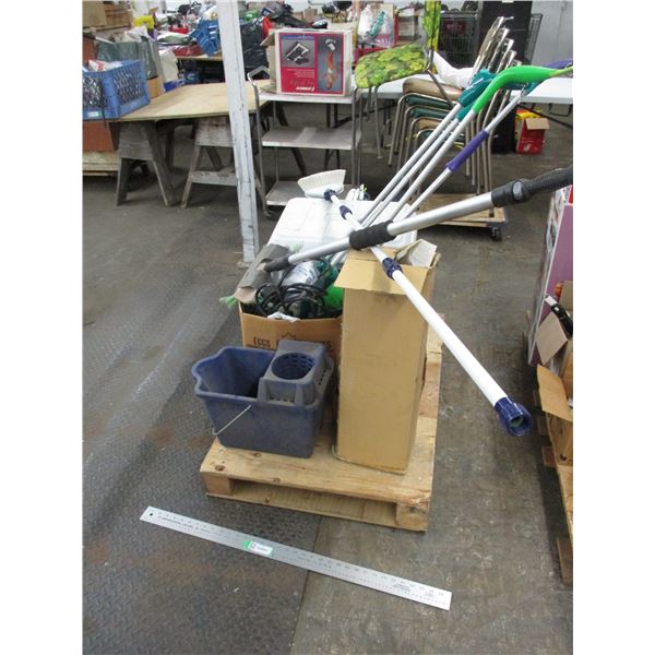Pallet with cooler, mop pail, brush misc