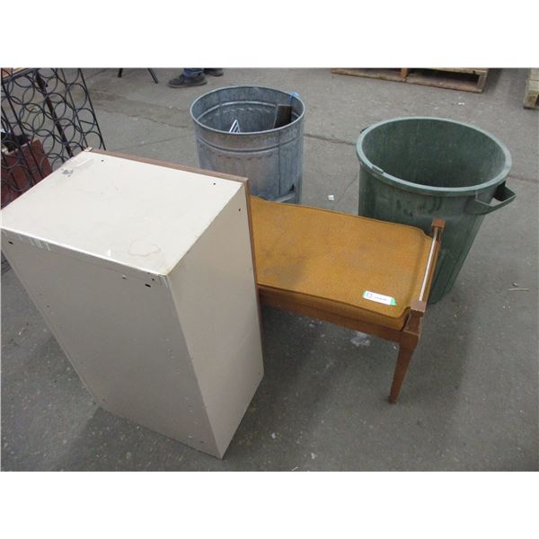 Sitting bench, storage cabinet 30" tall, garbage cans