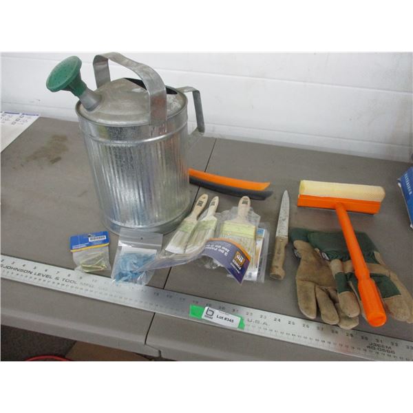 Watering can, paint brushes, misc