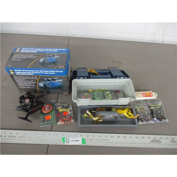 Fishing hooks, quantum reel, portable 12V air compressor