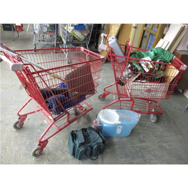 (2) Shopping carts - with tarp, exerciser, broom, misc