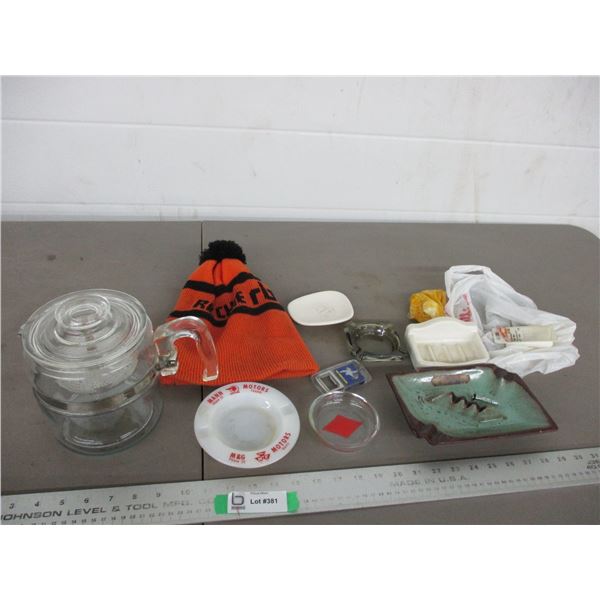 Pyrex percolator, vintage ashtrays