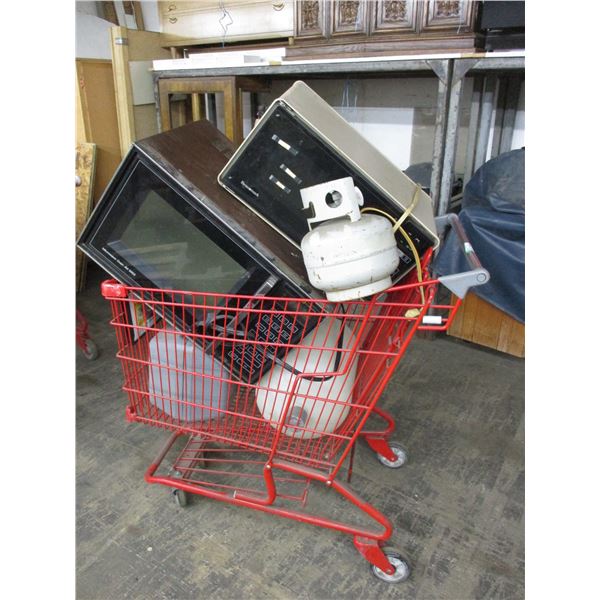 Shopping cart with 2 microwaves, small propane tank