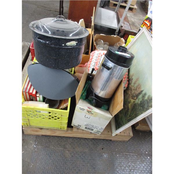 Pallet with esso olympic glasses, tire pump, coffee perk, canner, misc