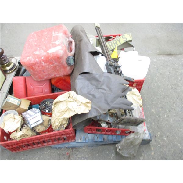 Pallet of nails, gas cans, tie downs, misc