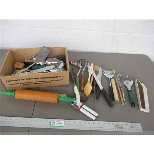 Wooden rolling pin, cutlery, utensils