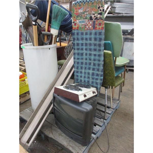 Pallet with garden tools, chairs, baseboard heater, misc