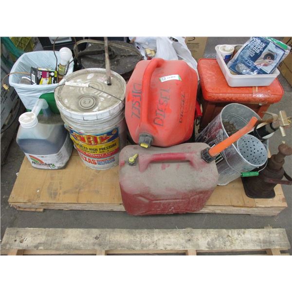 Pallet with TRC oil, round up, gas cans, bottle jack