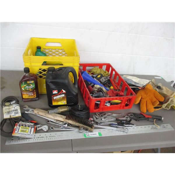 Wrenches, oil, pliers, gloves