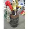 Image 1 : Metal barrel with garden tools, hose