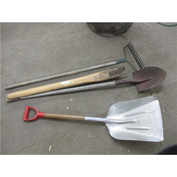 Odd garden tools, rake, aluminum shovel