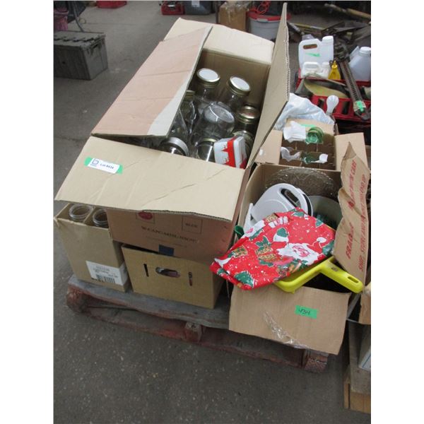 Pallet with jars, household related, letter holder, misc