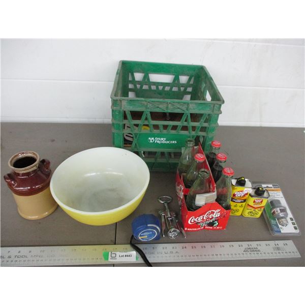 Pyrex bowl with coke bottles, misc