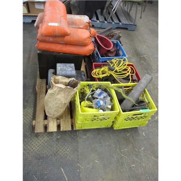 Pallet, small filing cabinet, nails, sand bags, motor, crates with misc