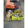 Image 1 : Pallet, small filing cabinet, nails, sand bags, motor, crates with misc