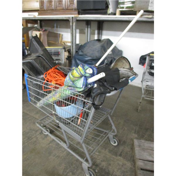 Shopping cart with umbrella, cords, booster cables, electric dog bowl