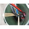 Image 5 : Garbage can with 2 rakes, sledgehammer, aluminum shovel, 2 snow shovels