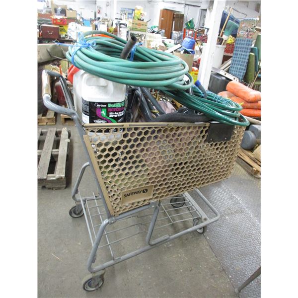 Shopping cart, garden hose, cords, broom, misc