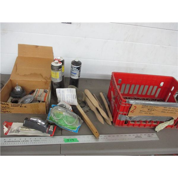 Saw blade, propane torch tanks, wire brushes