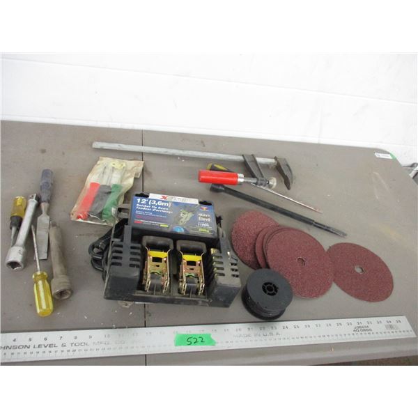 12 ft ratchet tie down, sanding wheels, misc