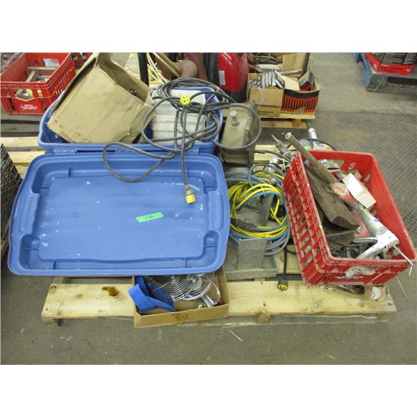 Pallet of scrap iron, cords, hand tools, air tools