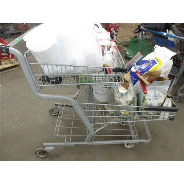 Shopping cart with golf balls, absorbent, valve, misc