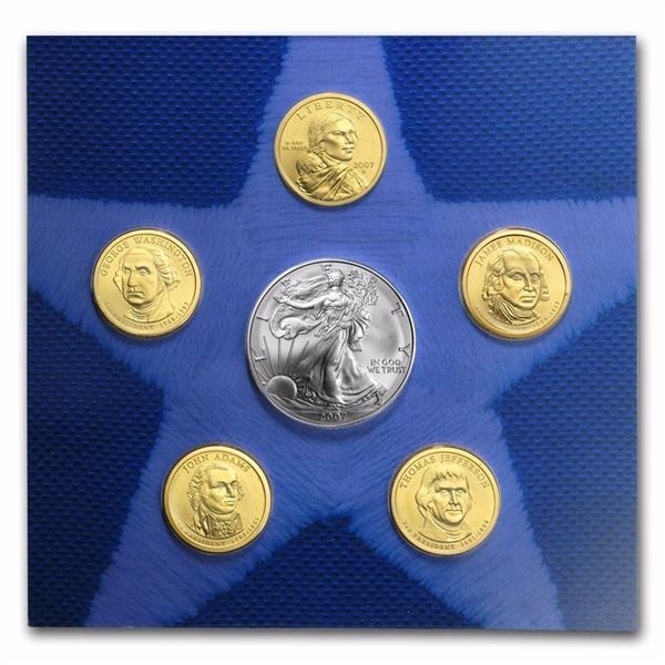 2007 U.S. Mint Uncirculated Dollar Set (w/Burnished Silver Eagle) 6 Pcs