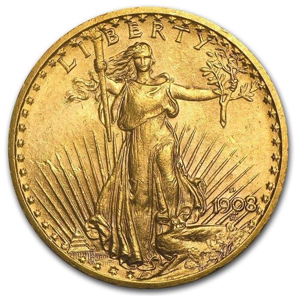 1908-D $20 Saint-Gaudens Gold Double Eagle No Motto