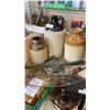 Image 1 : 3 CROCK JUGS, HUNTING TRAP AND VINTAGE ICE SKATES