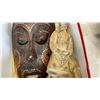 Image 8 : CARVED MASK, EASTERN STATUE, LIQUOR BOTTLE AND VINTAGE SEED SOWER