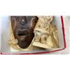 Image 9 : CARVED MASK, EASTERN STATUE, LIQUOR BOTTLE AND VINTAGE SEED SOWER