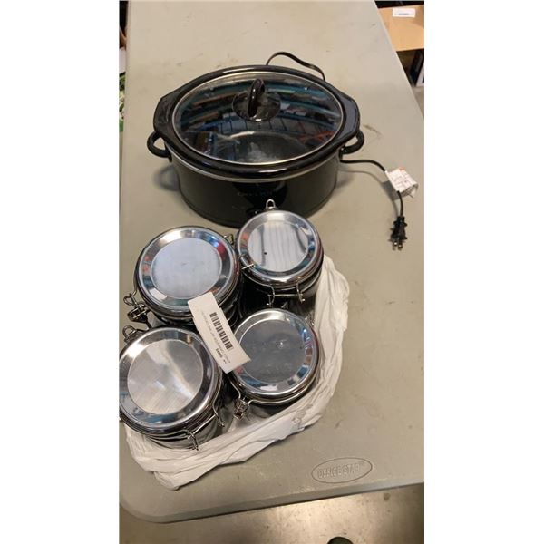 4 PIECE CANNISTER SET AND CROCK POT