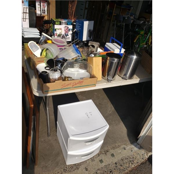 3 TRAYS OF KITCHEN ITEMS, 2 STIANLESS WASTE BINS, STORAGE DRAWER