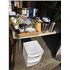 Image 1 : 3 TRAYS OF KITCHEN ITEMS, 2 STIANLESS WASTE BINS, STORAGE DRAWER