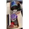 Image 1 : 2 BOXES OF ESTATE GOODS, GARDEN LAMPS, CANUCKS WASTE BIN, FONDUE POT, KITCHEN ITEMS