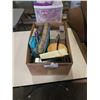 Image 1 : BOX OF 2 TIER CAKE SEVER, WOODEN BIRDHOUSE, TABLE COVERS AND MORE
