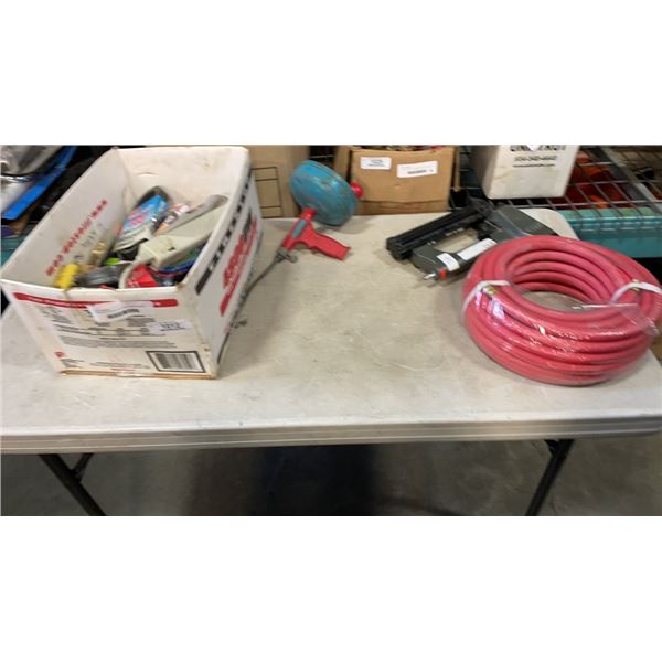 TECH AIR NAILER, AIR HOSE, DRAIN SNAKE AND BOX OF SHOP SUPPLIES