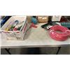 Image 1 : TECH AIR NAILER, AIR HOSE, DRAIN SNAKE AND BOX OF SHOP SUPPLIES