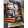 Image 2 : 2 TRAYS OF HOUSEHOLD ITEMS, HANDLES, LIGHTBULBS, FAUCET, HOSES, SWITCH COVERS, ADHESIVES
