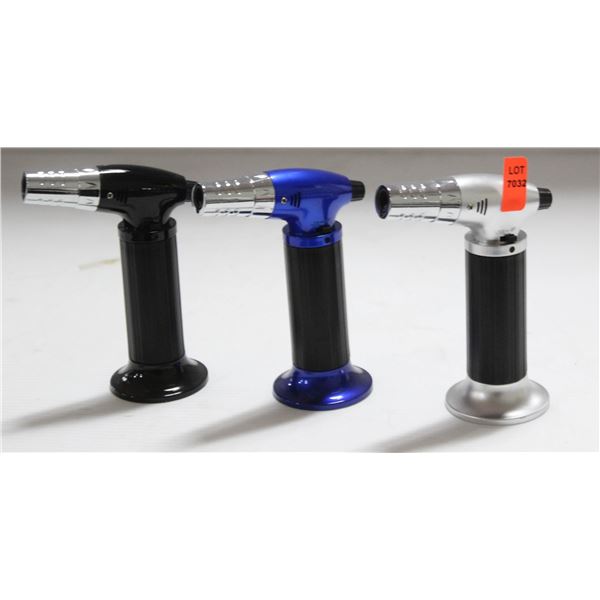 3PK OF BUTANE TORCH LIGHTERS; BLUE/ SILVER & BLACK