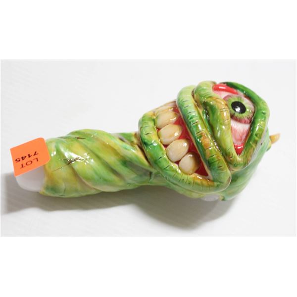 NEW 5" MONSTER FACE GLASS PIPE; GREEN/ YELLOW W/