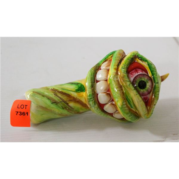 NEW 5" MONSTER FACE GLASS PIPE; GREEN/ YELLOW W/
